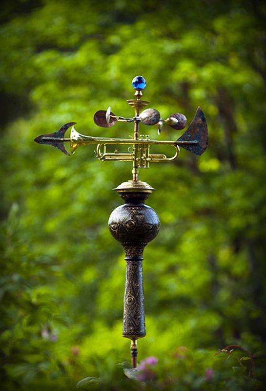 Weathervane made from an upcycled trumpet, brass and copper. 
