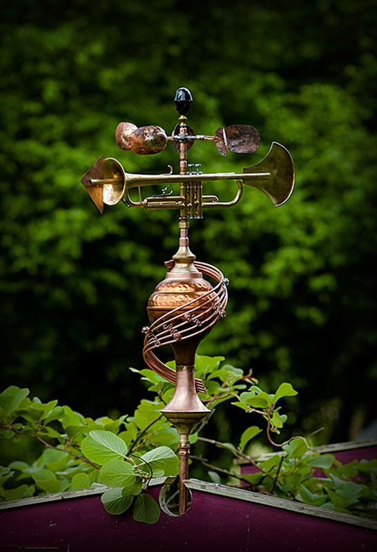 Weathervane made from an upcycled trumpet, brass and copper. 